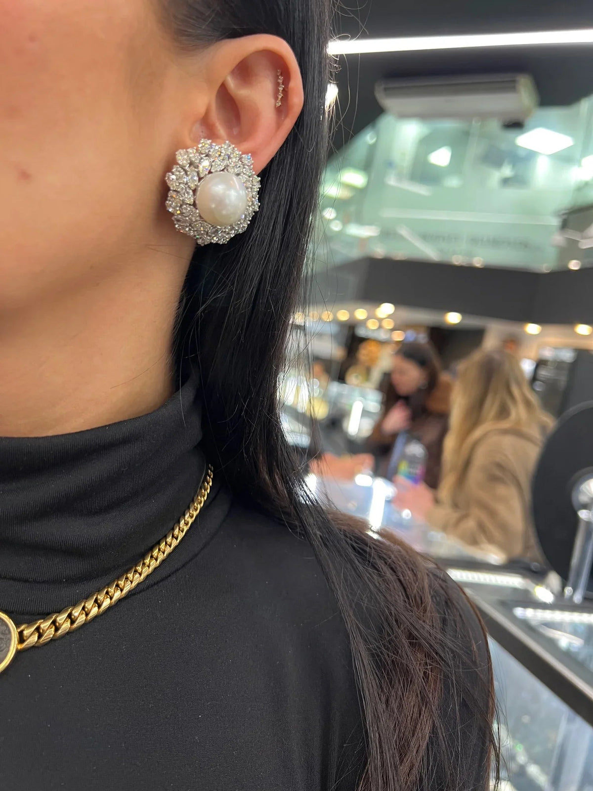 Van Cleef & Arpels 18K White Gold Pearl Diamond Bombe Earrings — view 6 — Laura Milman New York