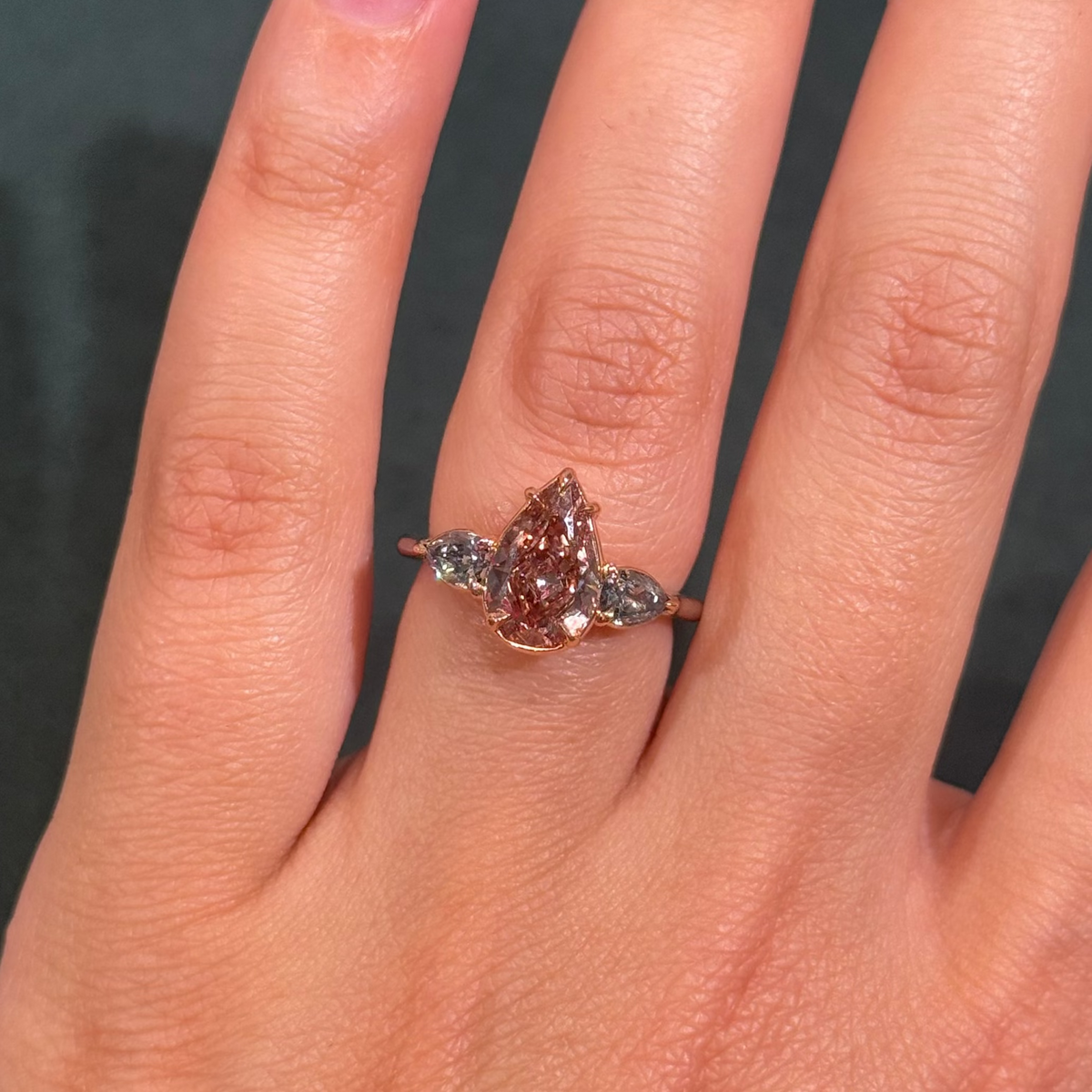 2.22ct Fancy Deep Brown-Pink Pear Diamond VS2 GIA Ring with Blue Diamond Sides — view 2 — Laura Milman New York