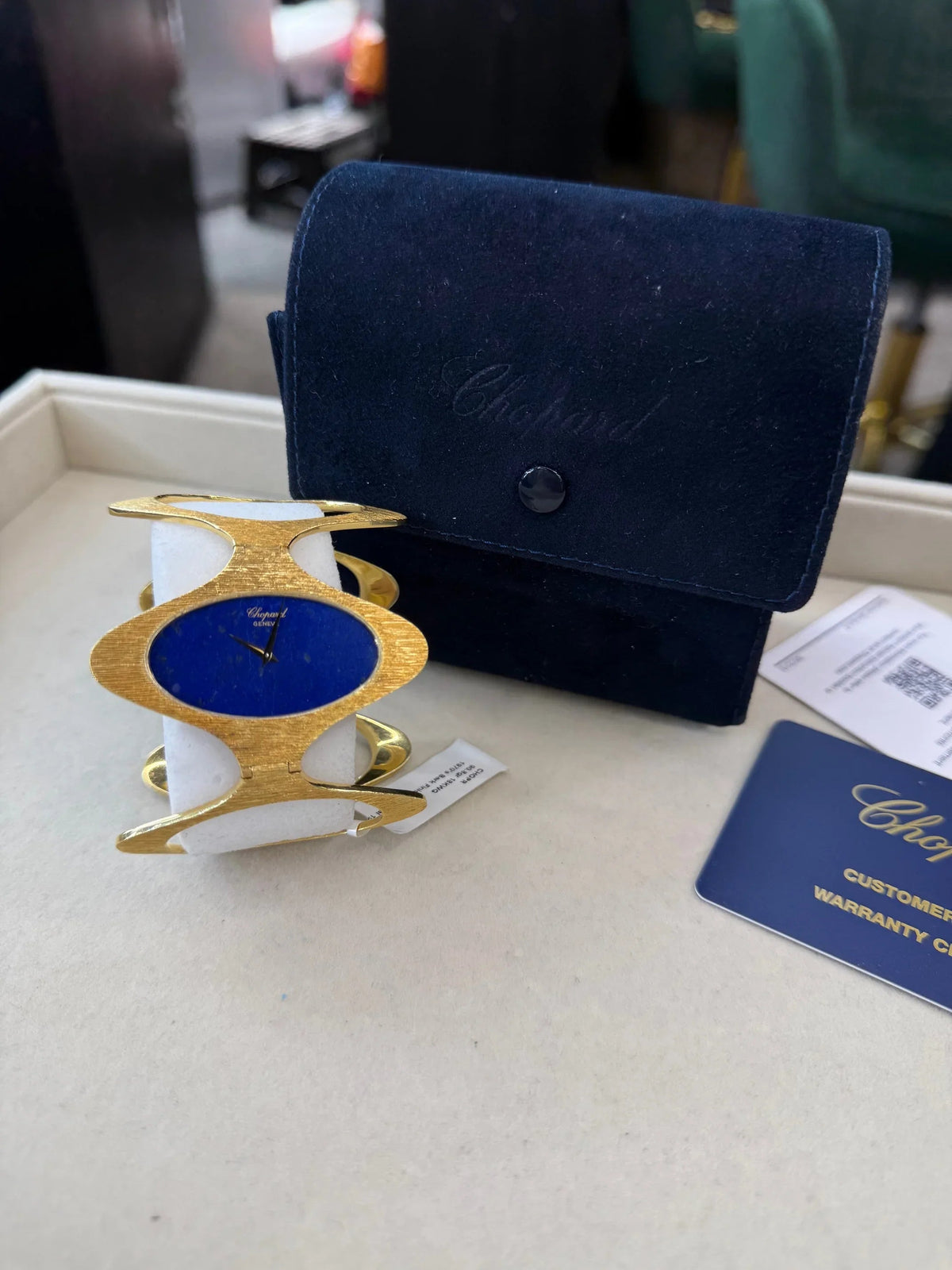 Pre-Owned Chopard 18K Yellow Gold 1970's Bark Finish Lapis Dial 1970's Wrist Women Watch view 6 - Chopard — Laura Milman New York