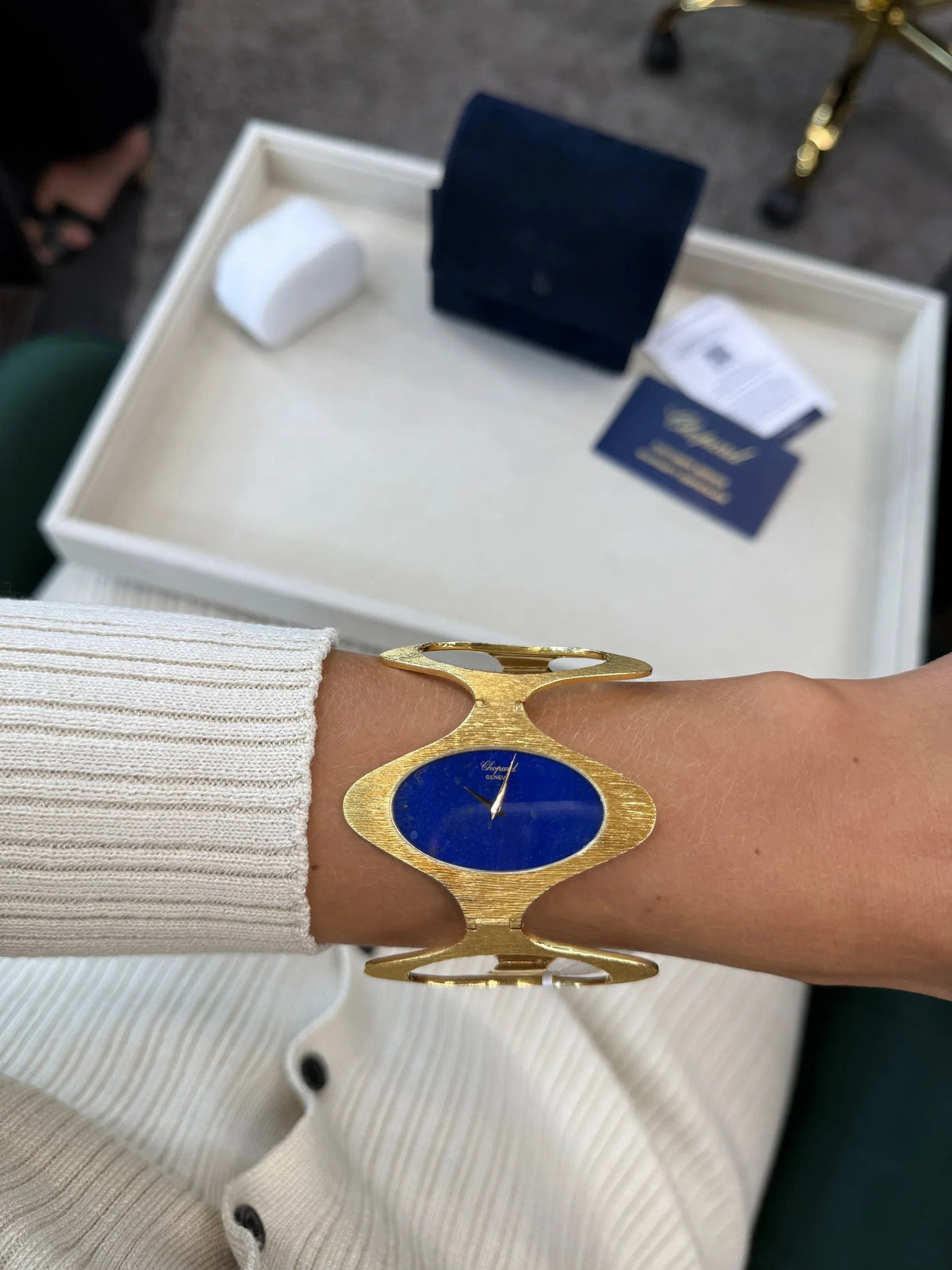 Pre-Owned Chopard 18K Yellow Gold 1970's Bark Finish Lapis Dial 1970's Wrist Women Watch view 7 - Chopard — Laura Milman New York
