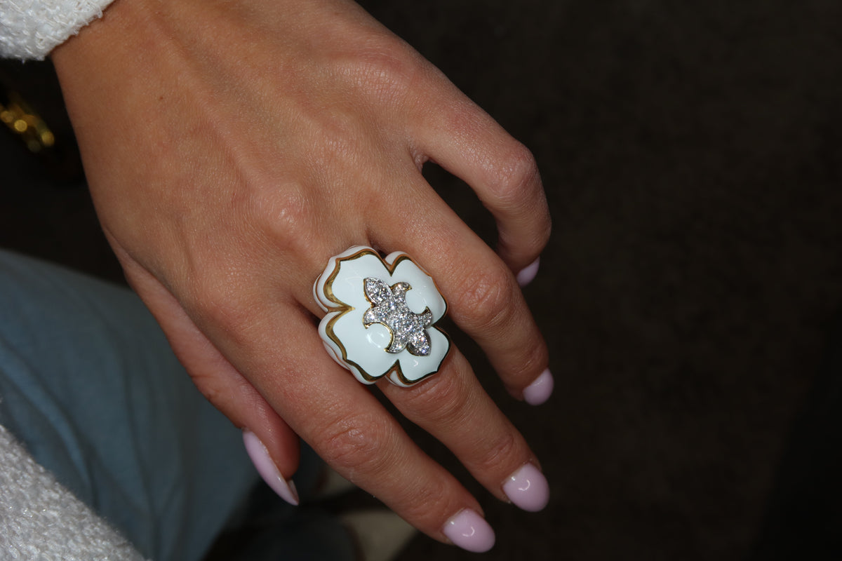 David Webb Platinum & 18K Yellow Gold Fleur De Lis White Enamel Ring — view 8 — Laura Milman New York