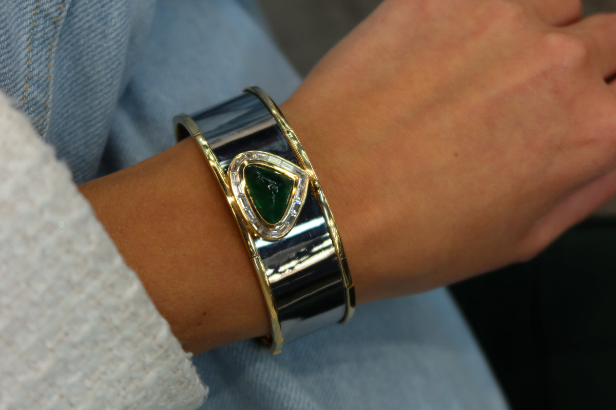 Marina B . 18K Yellow Gold Green Emerald And Diamond Cuff Bracelet — view 10 — Laura Milman New York