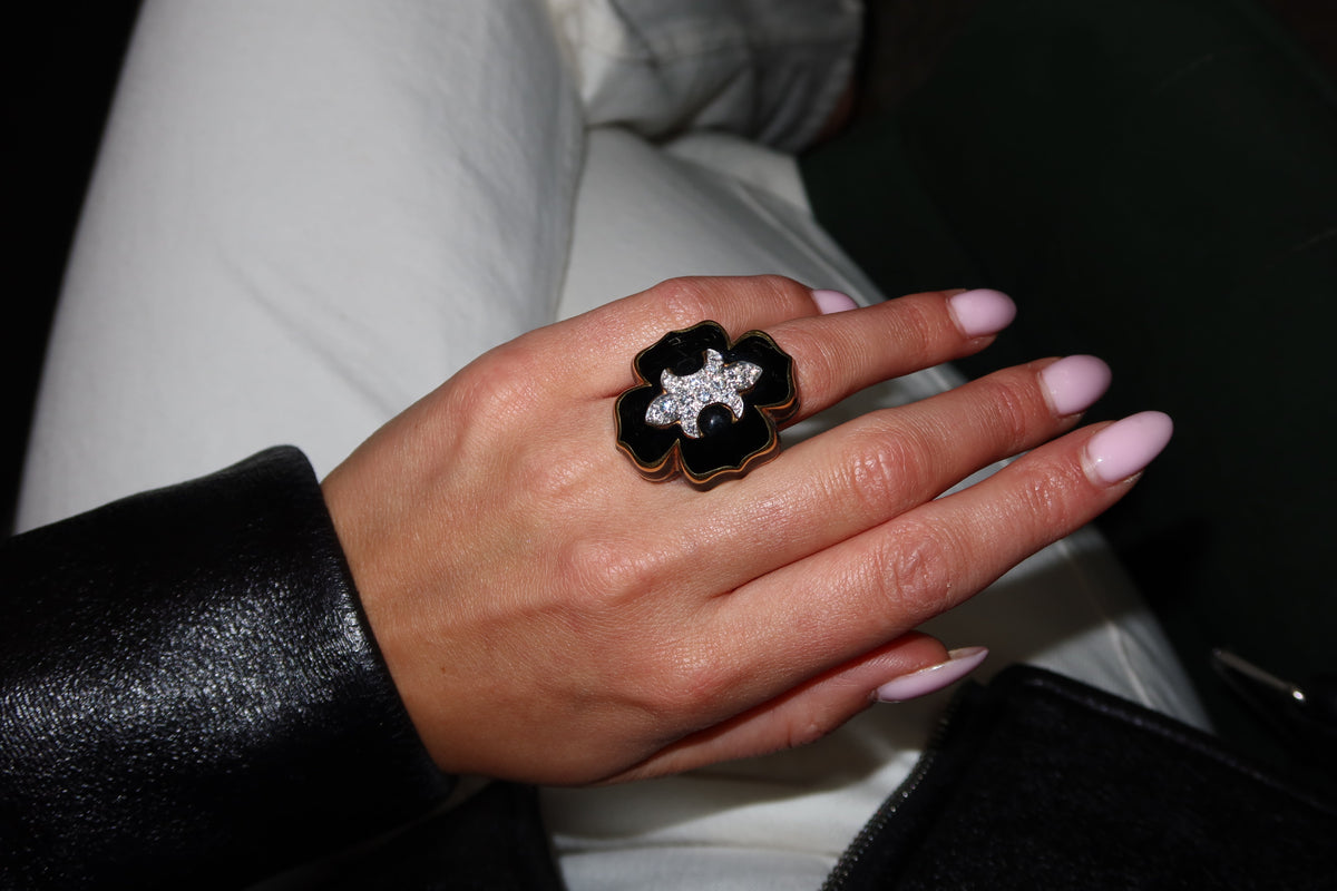 David Webb Platinum & 18K Yellow Gold Fleur De Lis Black Enamel Diamond Ring — view 8 — Laura Milman New York