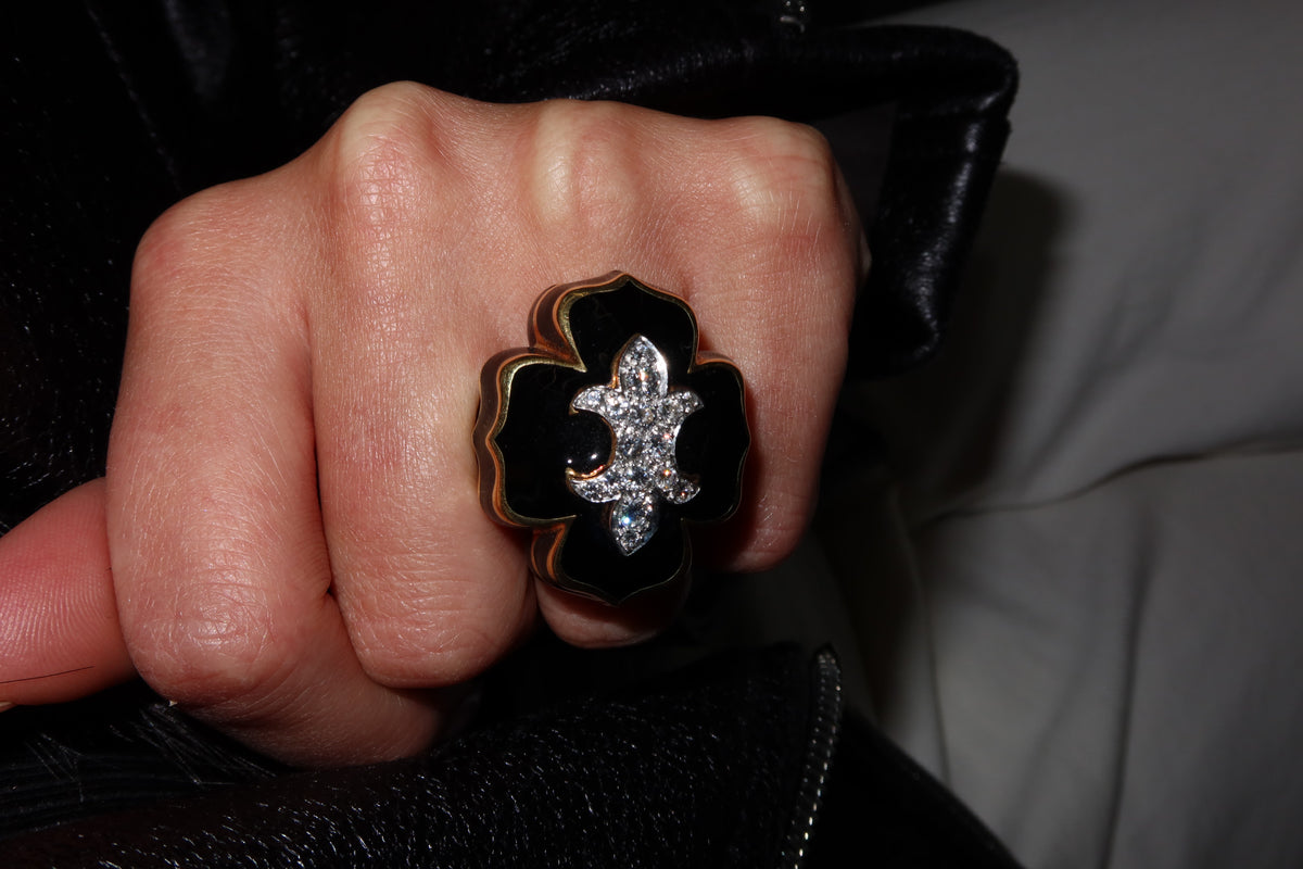 David Webb Platinum & 18K Yellow Gold Fleur De Lis Black Enamel Diamond Ring — view 5 — Laura Milman New York