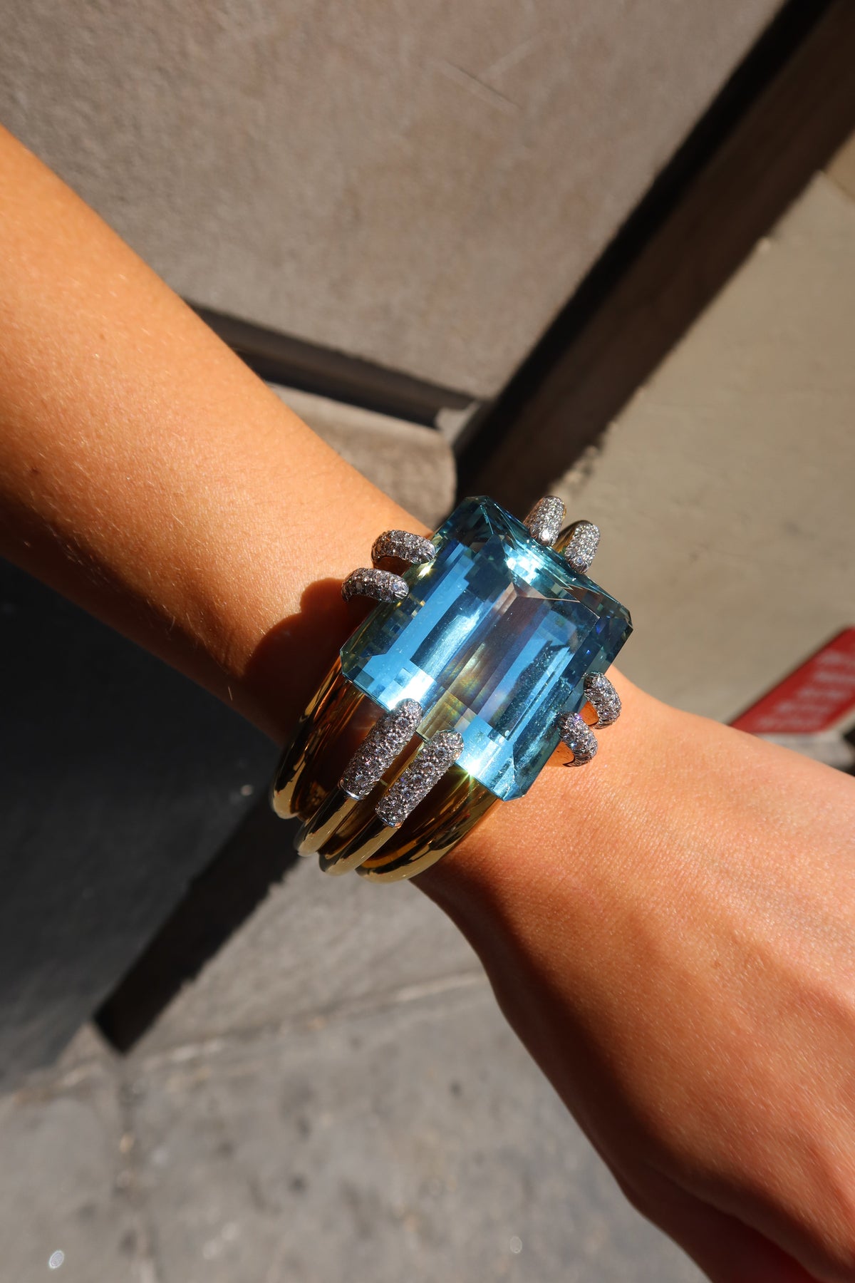 David Webb Notre Dame 18K Yellow Gold Aquamarine And Diamond Bracelet — view 10 — Laura Milman New York