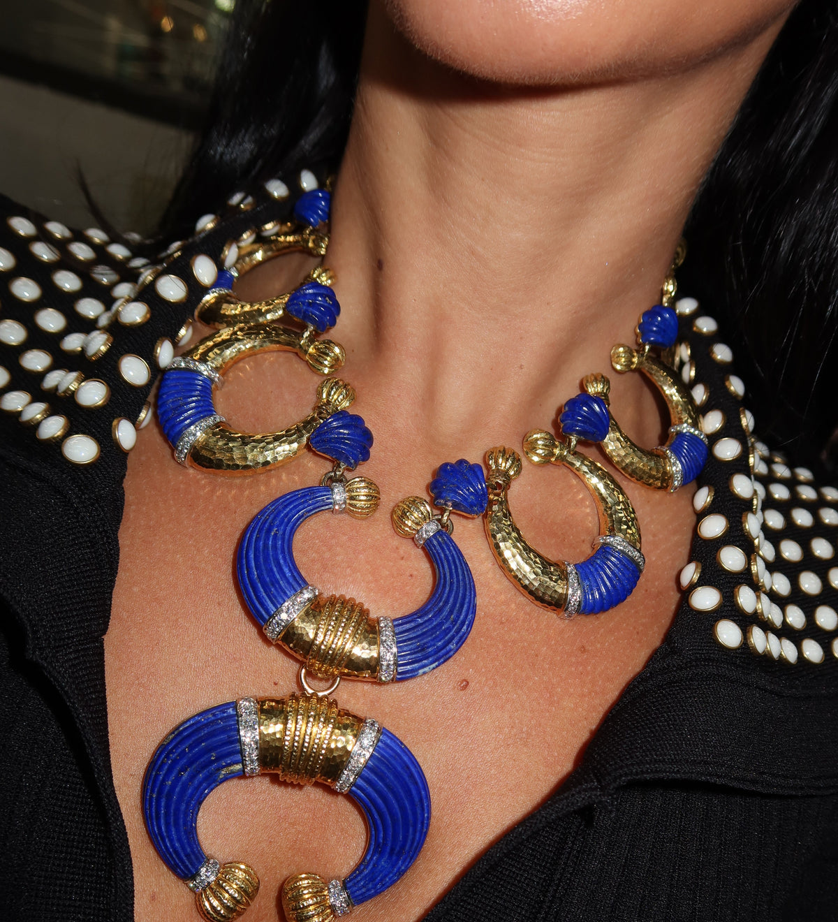 David Webb Crescent Platinum & 18K Yellow Gold Carved Lapis Lazuli Necklace — view 11 — Laura Milman New York