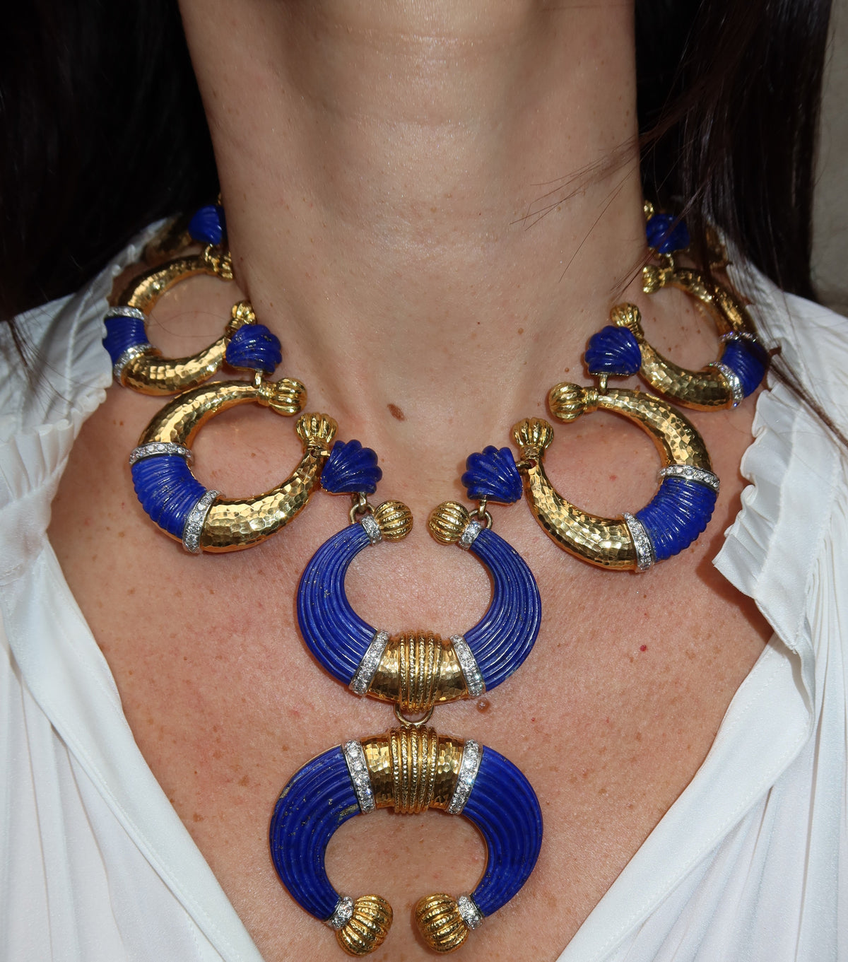 David Webb Crescent Platinum & 18K Yellow Gold Carved Lapis Lazuli Necklace — view 10 — Laura Milman New York