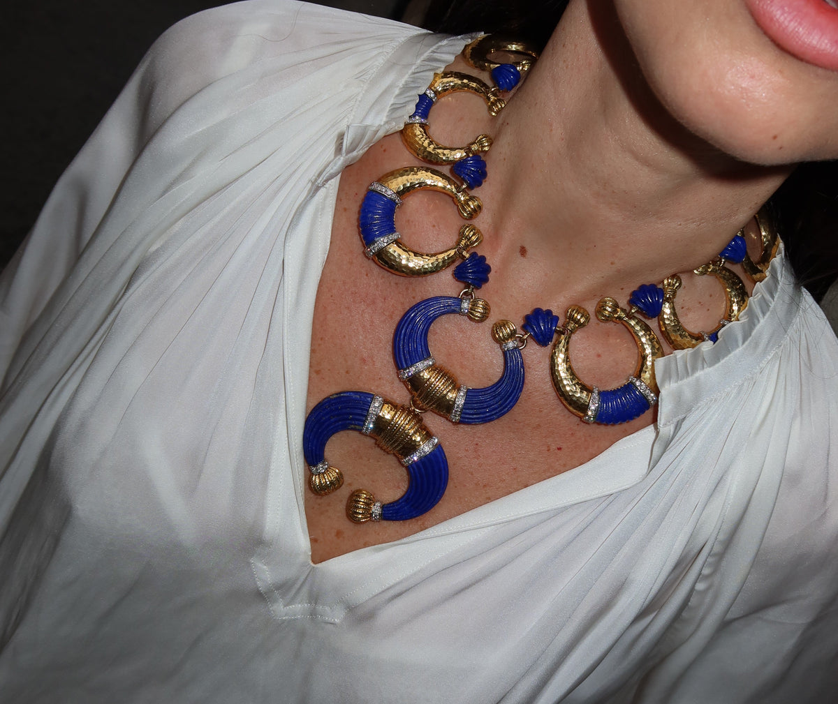 David Webb Crescent Platinum & 18K Yellow Gold Carved Lapis Lazuli Necklace — view 9 — Laura Milman New York