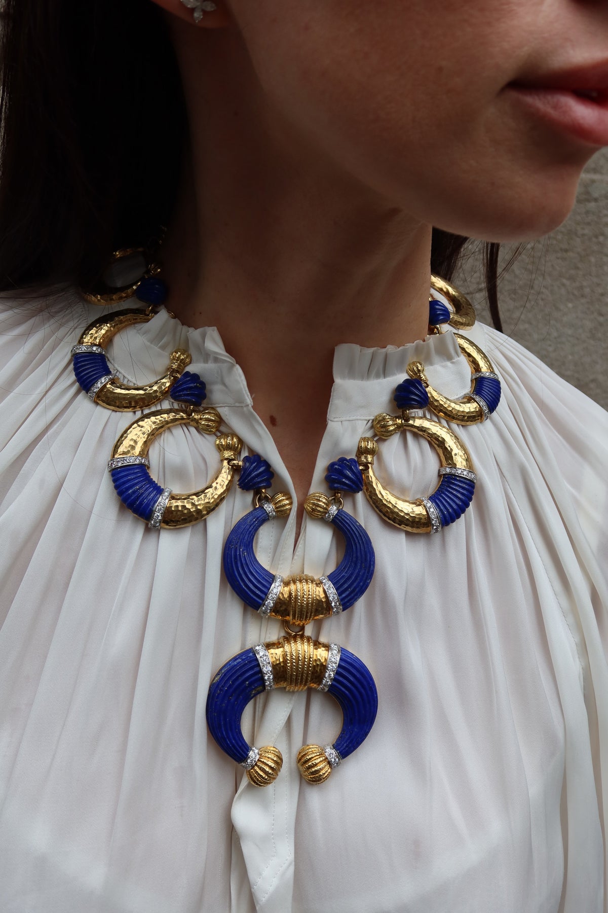 David Webb Crescent Platinum & 18K Yellow Gold Carved Lapis Lazuli Necklace — view 12 — Laura Milman New York