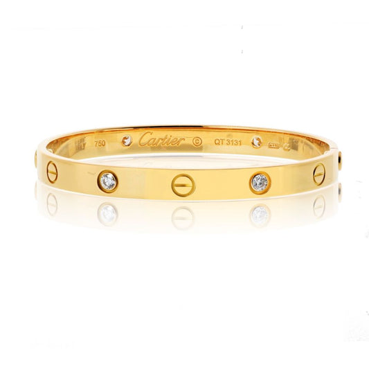 Vintage Cartier Love Bracelet in 18K Yellow Gold with Four Diamonds, Size 17