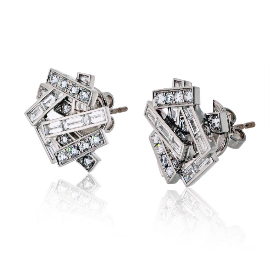 Graff 18K White Gold Threads Baguette And Round Earrings — view 2 — Laura Milman New York