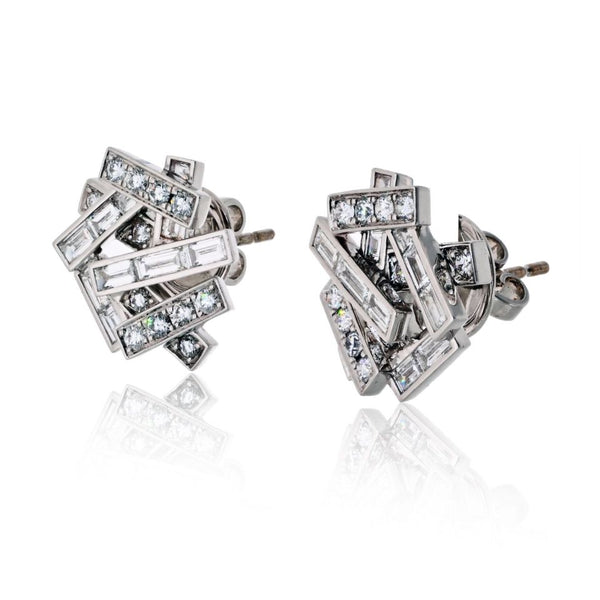 Graff 18K White Gold Threads Baguette And Round Earrings — view 2