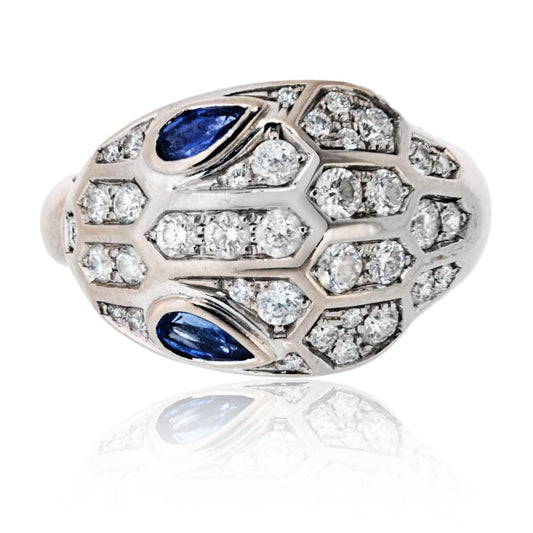 Bvlgari Serpenti 18K White Gold Diamond Sapphire Ring Size 6.5