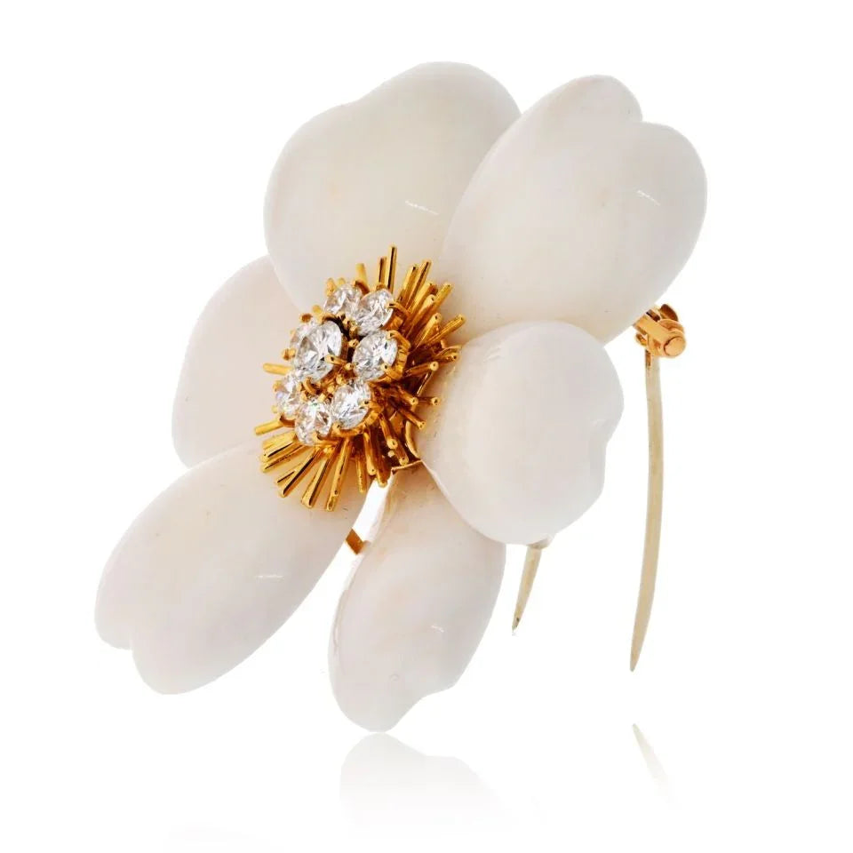 Van Cleef & Arpels 18K Yellow Gold Rose De Noel White Coral Large Model Brooch — view 2 — Laura Milman New York