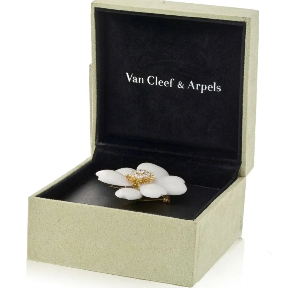 Van Cleef & Arpels 18K Yellow Gold Rose De Noel White Coral Large Model Brooch — view 5 — Laura Milman New York