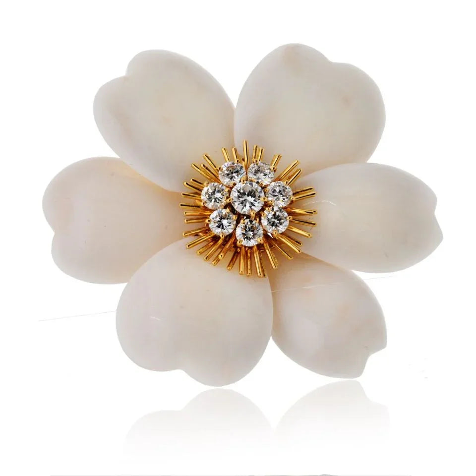 Van Cleef & Arpels 18K Yellow Gold Rose De Noel White Coral Large Model Brooch — Laura Milman New York