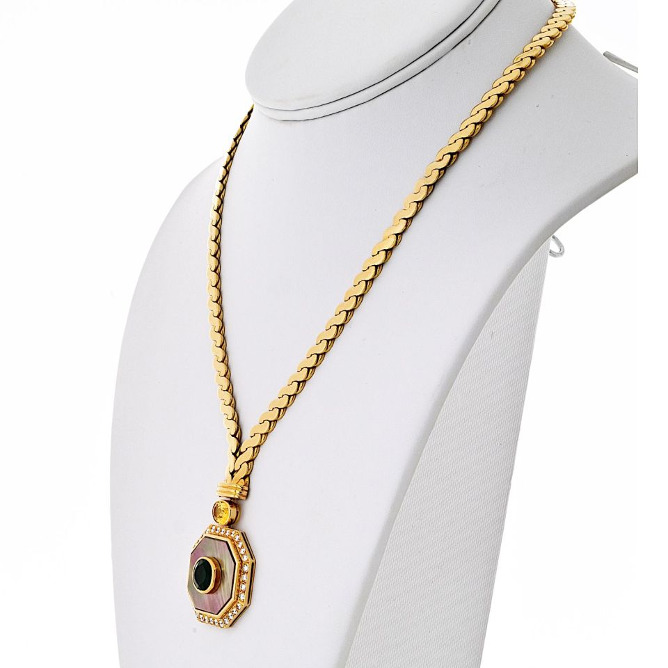 Van Cleef & Arpels 18K Yellow Gold Green Emerald, Yellow Sapphire, Mother Of Pearl Necklace — view 2 — Laura Milman New York