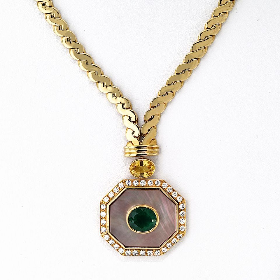 Van Cleef & Arpels 18K Yellow Gold Green Emerald, Yellow Sapphire, Mother Of Pearl Necklace — view 3 — Laura Milman New York