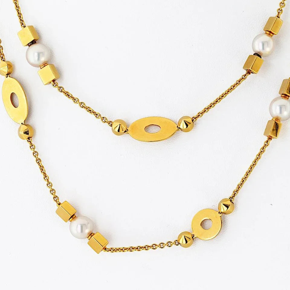 Bvlgari 18K Yellow Gold Lycea Pearl Chain 33 Inches Long Necklace — view 3 — Laura Milman New York