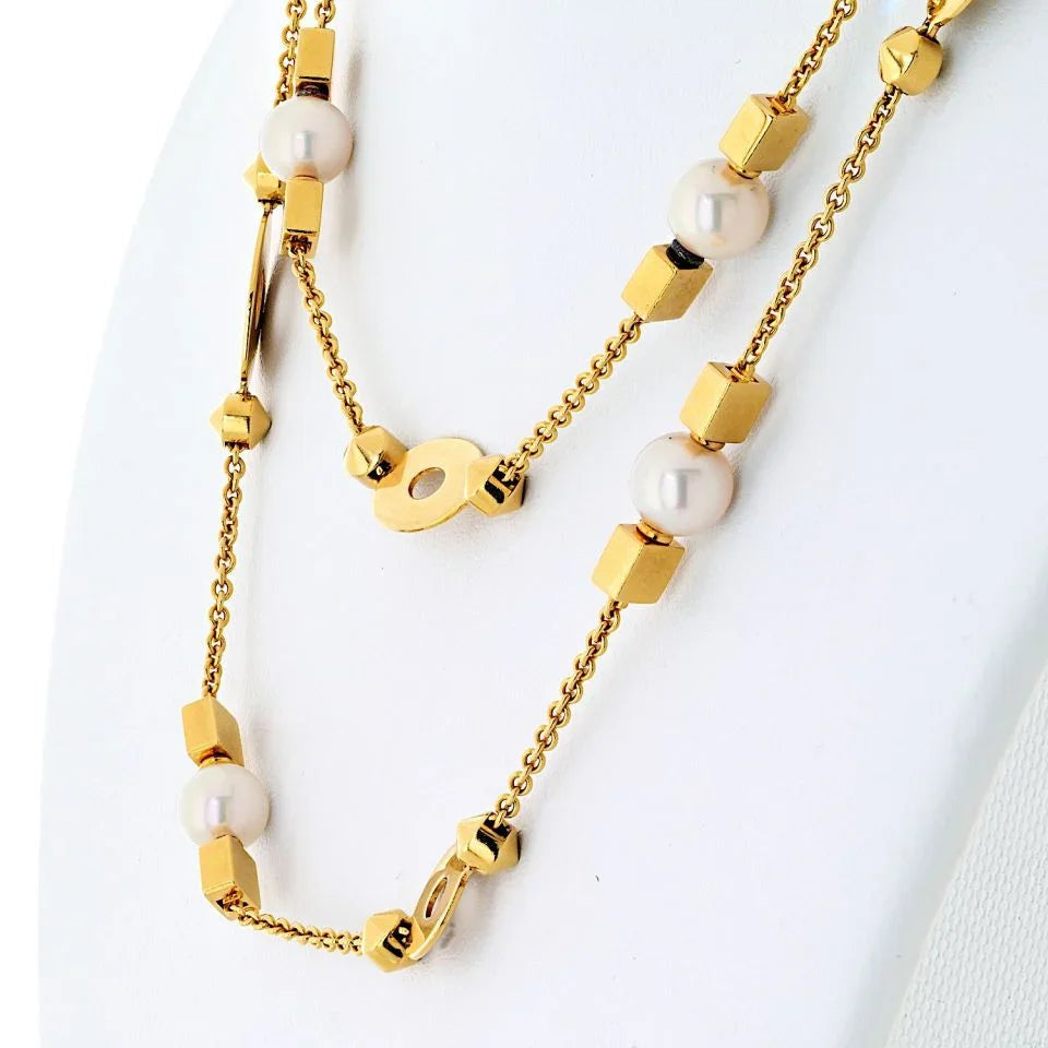 Bvlgari 18K Yellow Gold Lycea Pearl Chain 33 Inches Long Necklace — view 4 — Laura Milman New York