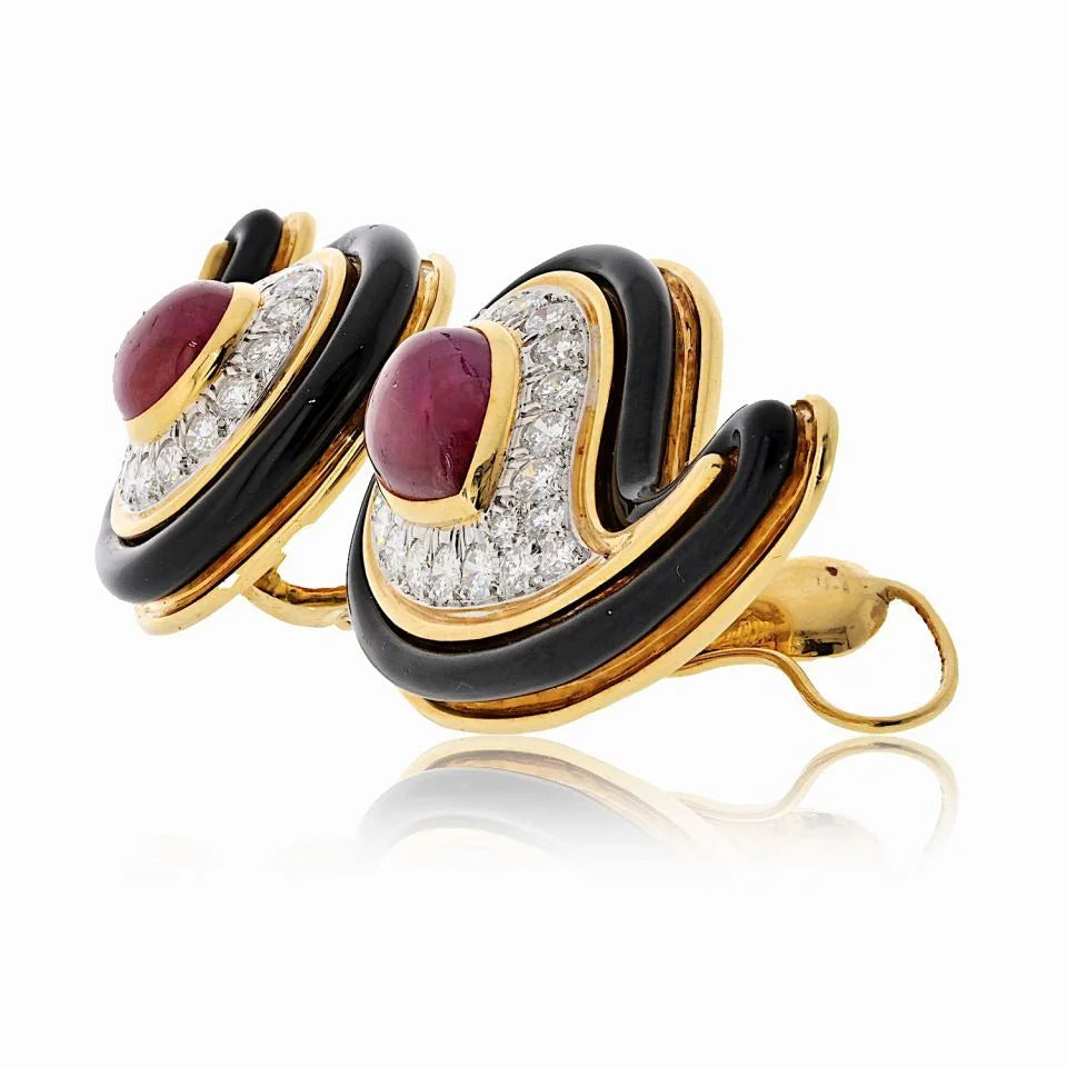 David Webb 18K Yellow Gold Black Enamel, Ruby And Diamond Earrings — view 2 — Laura Milman New York