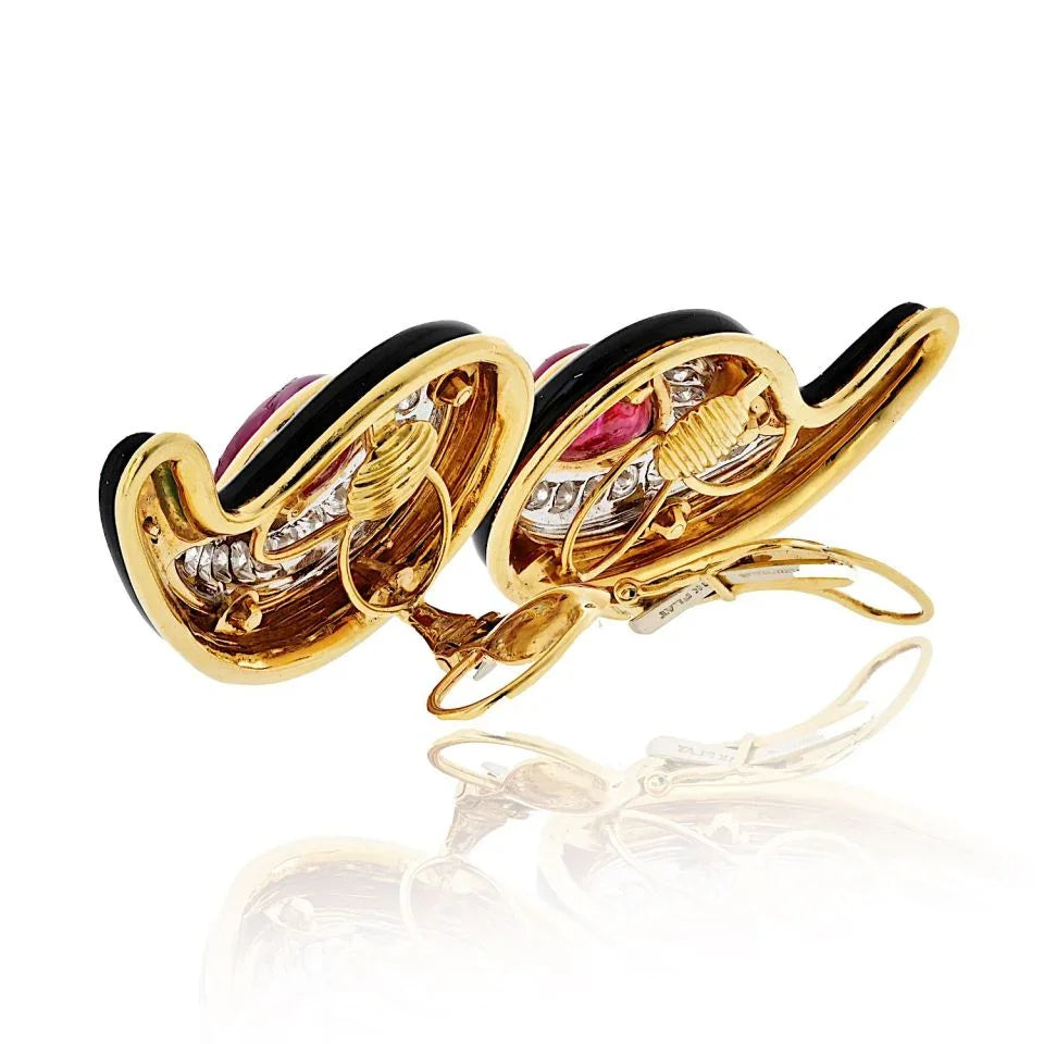 David Webb 18K Yellow Gold Black Enamel, Ruby And Diamond Earrings — view 3 — Laura Milman New York