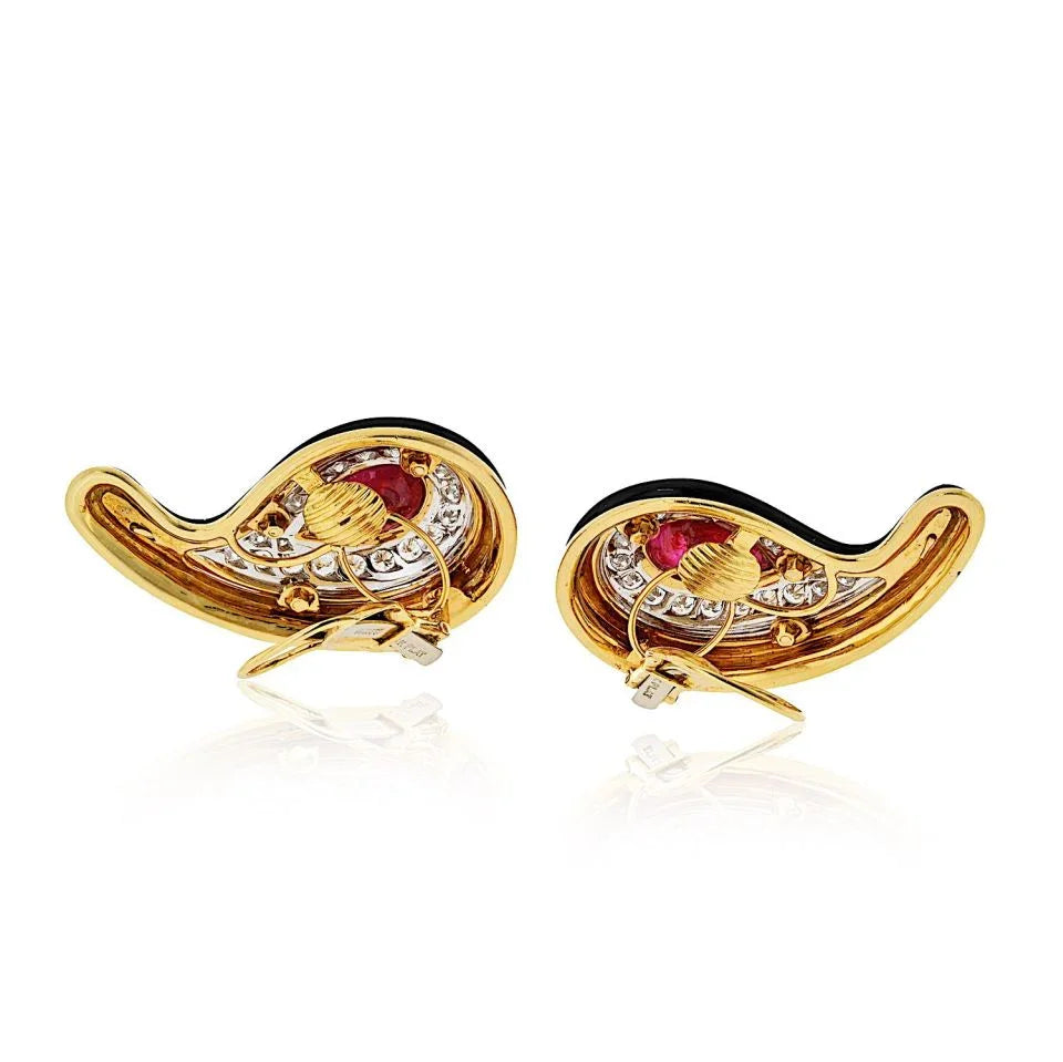 David Webb 18K Yellow Gold Black Enamel, Ruby And Diamond Earrings — view 4 — Laura Milman New York