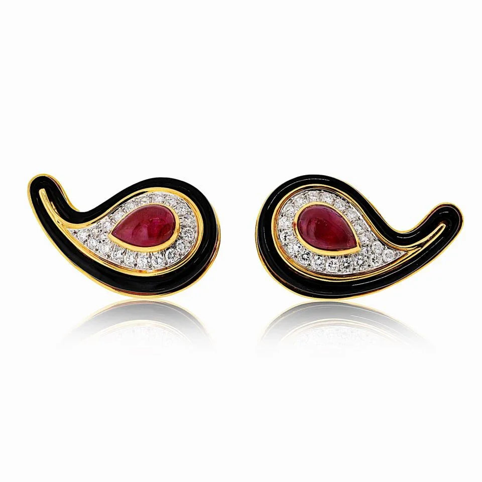 David Webb 18K Yellow Gold Black Enamel, Ruby And Diamond Earrings — Laura Milman New York