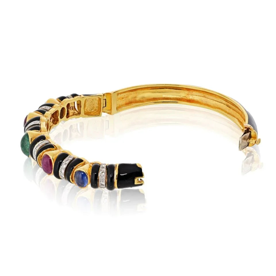 David Webb 18K Yellow Gold Black Enamel With Gemstones And Diamonds Bracelet — view 3 — Laura Milman New York