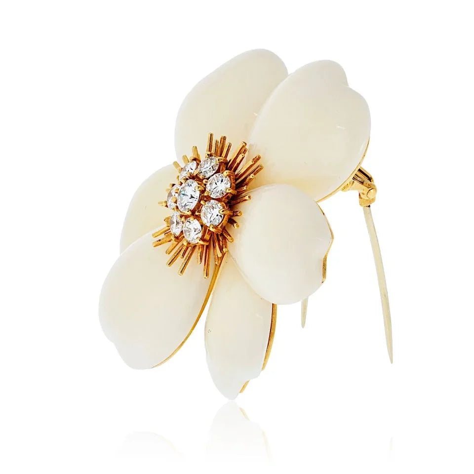 Van Cleef & Arpels 18K Yellow Gold Rose De Noel 2 Inches Coral Brooch — view 2 — Laura Milman New York