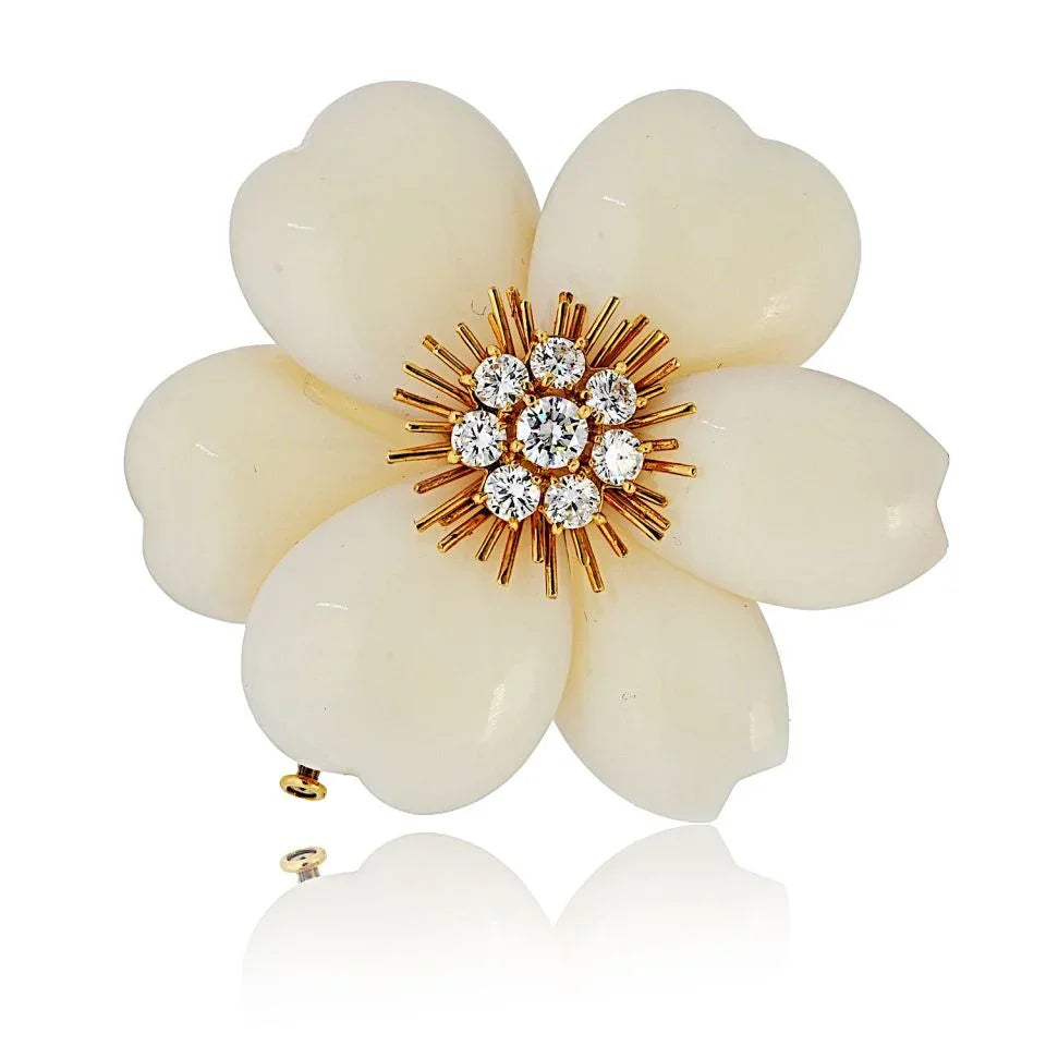 Van Cleef & Arpels 18K Yellow Gold Rose De Noel 2 Inches Coral Brooch — Laura Milman New York