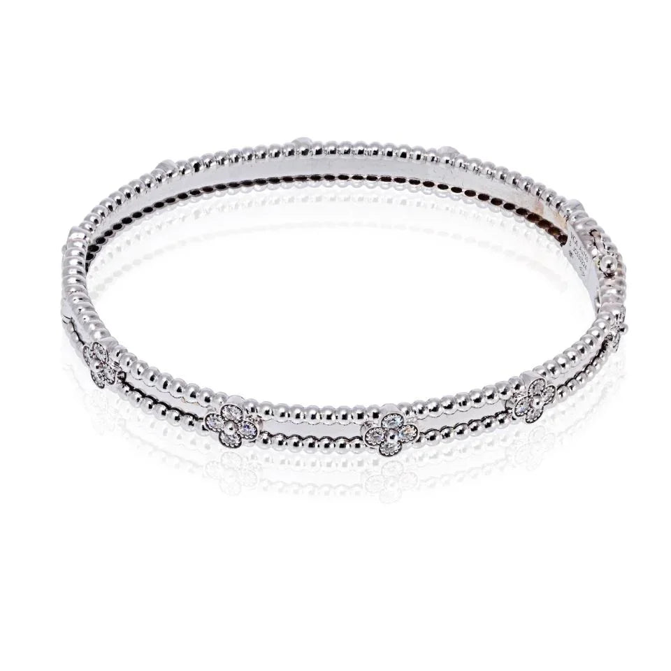 Van Cleef & Arpels 18K White Gold Perlee Diamond Clovers Size S Bracelet — view 2 — Laura Milman New York