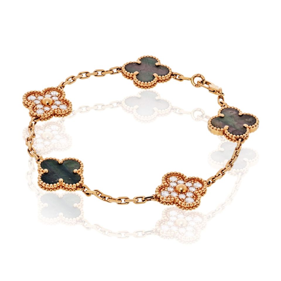 Van Cleef & Arpels Alhambra 18K Rose Gold Grey Mop And Diamonds Bracelet — Laura Milman New York