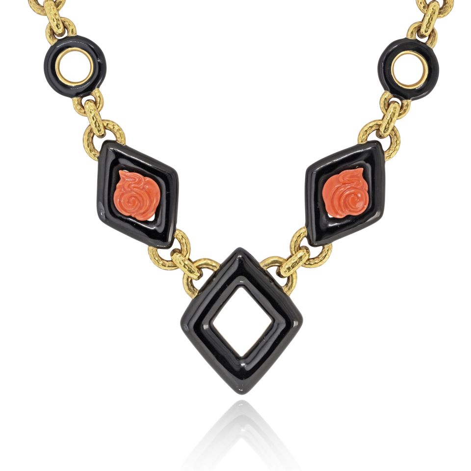 David Webb 18K Yellow Gold Black Enamel And Roses Coral Link Necklace — view 3 — Laura Milman New York