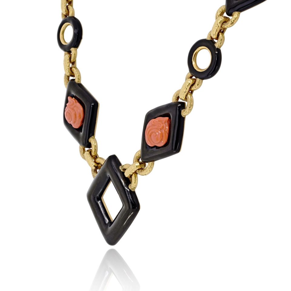 David Webb 18K Yellow Gold Black Enamel And Roses Coral Link Necklace — view 4 — Laura Milman New York