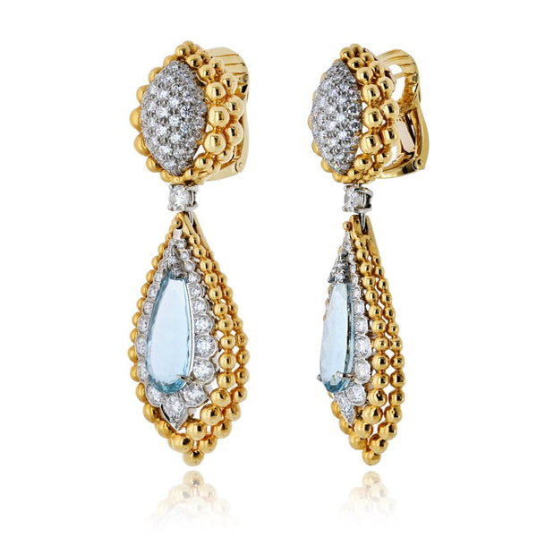 David Webb 18K Yellow Gold 6.00cttw Aquamarine And Diamond Earrings — view 2