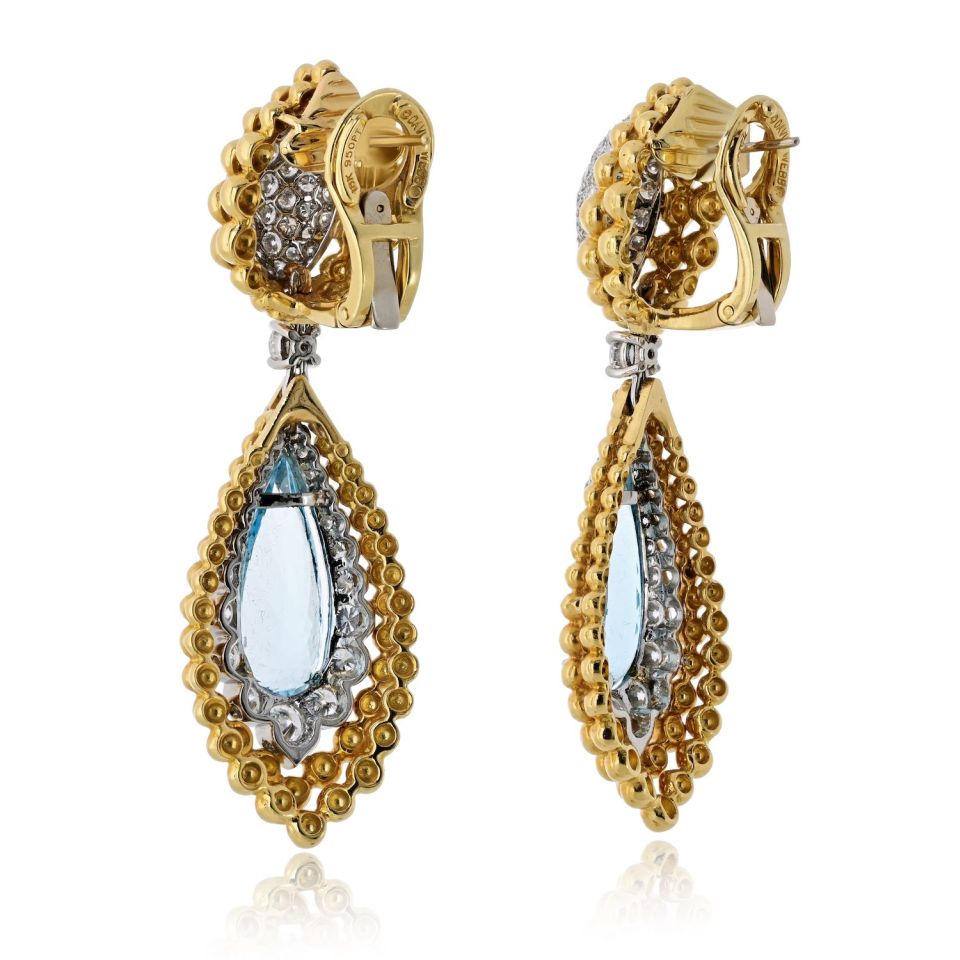 David Webb 18K Yellow Gold 6.00cttw Aquamarine And Diamond Earrings — view 3 — Laura Milman New York