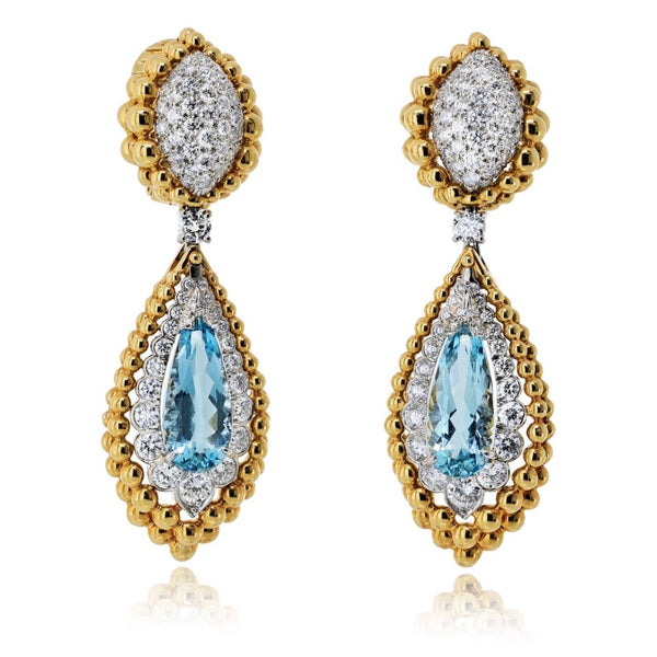David Webb 18K Yellow Gold 6.00cttw Aquamarine And Diamond Earrings