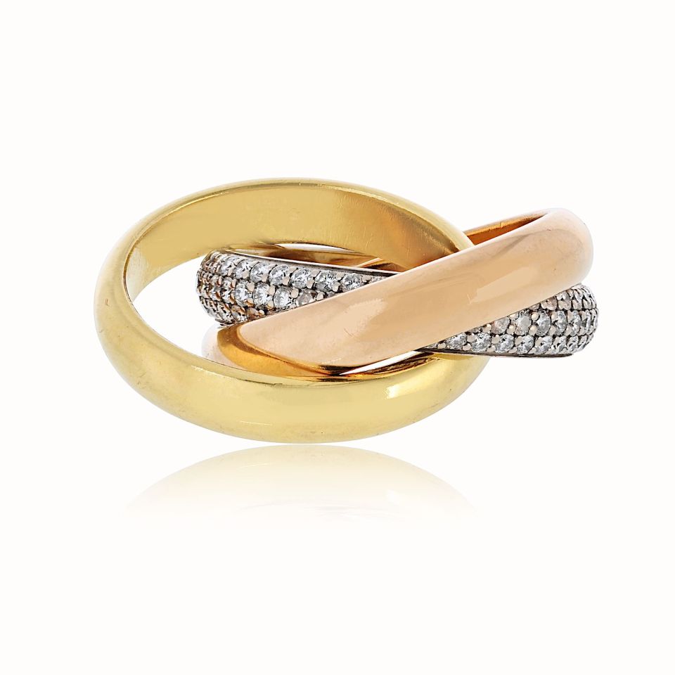 Cartier Trinity 18K Tri Color Diamond Pave Ring — view 2 — Laura Milman New York