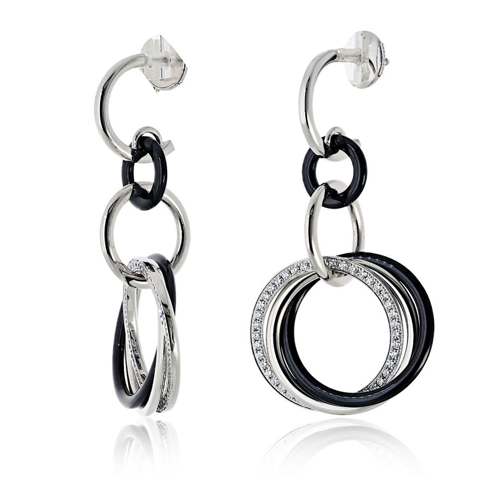 Cartier 18K White Gold Trinity Dangle Black Ceramic Diamond Earrings — view 2 — Laura Milman New York