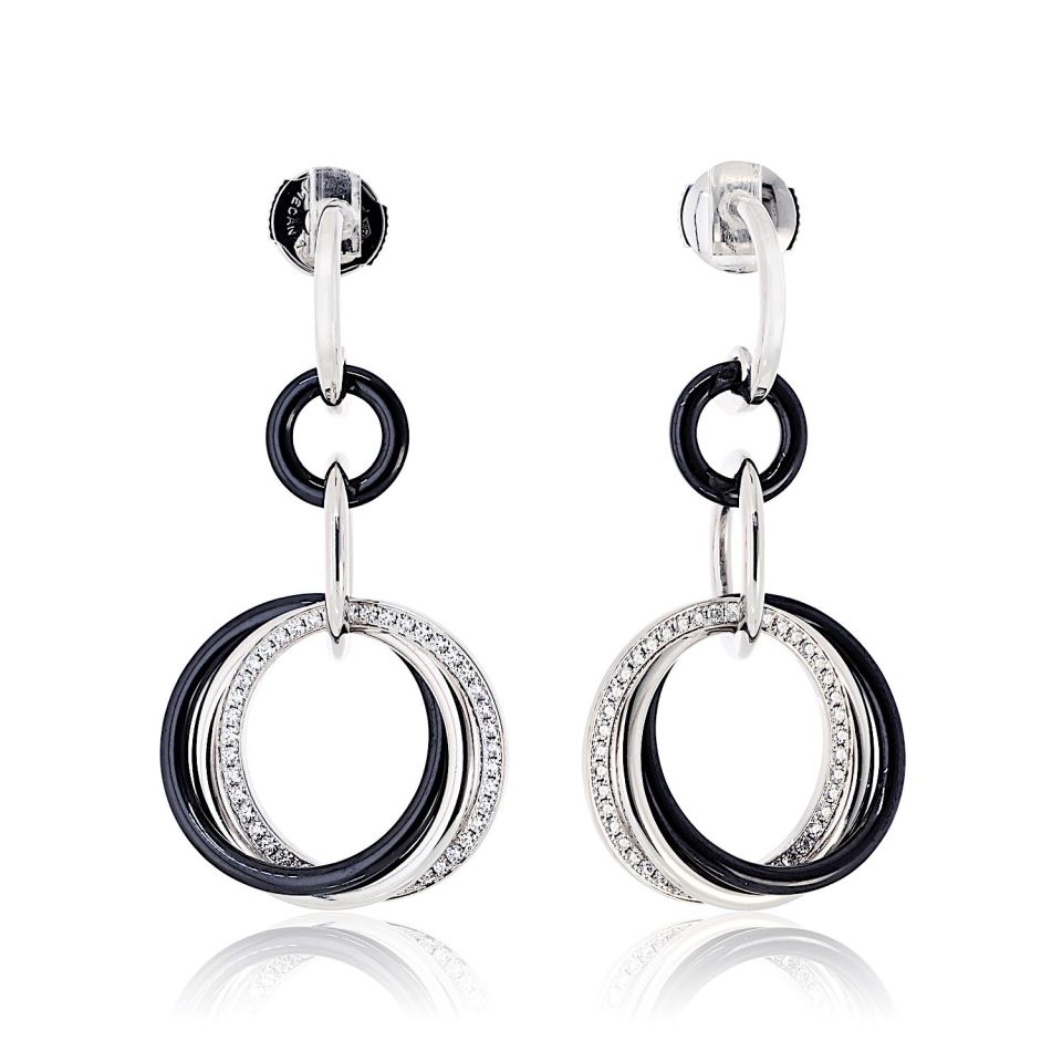 Cartier 18K White Gold Trinity Dangle Black Ceramic Diamond Earrings — Laura Milman New York