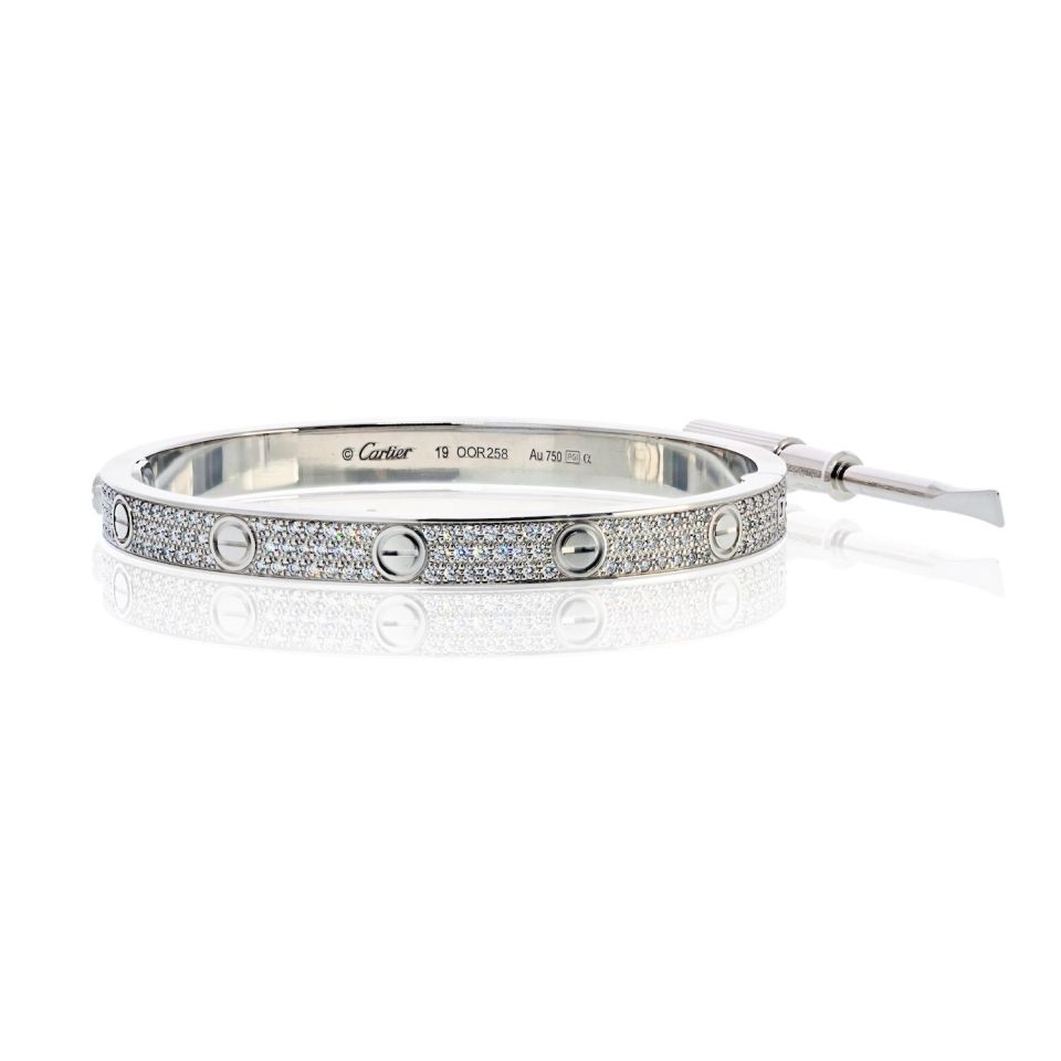 Cartier Love 18K White Gold Pave Diamonds Size 19 Bracelet — Laura Milman New York