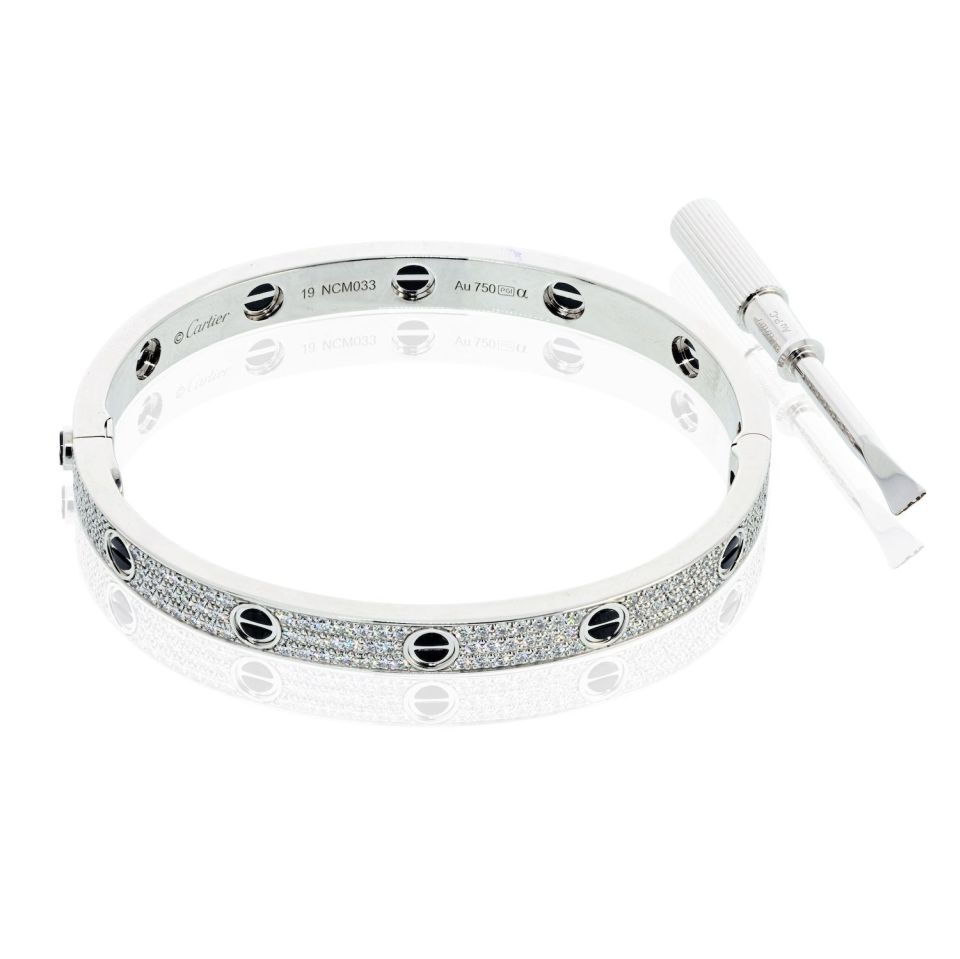 Cartier Love 18K White Gold Pave Diamonds And Ceramic Motifs Size 19 Bracelet — view 2 — Laura Milman New York