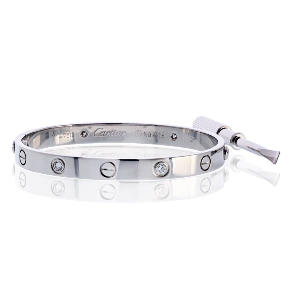 Cartier Love 18K White Gold 4 Diamonds Size 17 Bracelet — Laura Milman New York