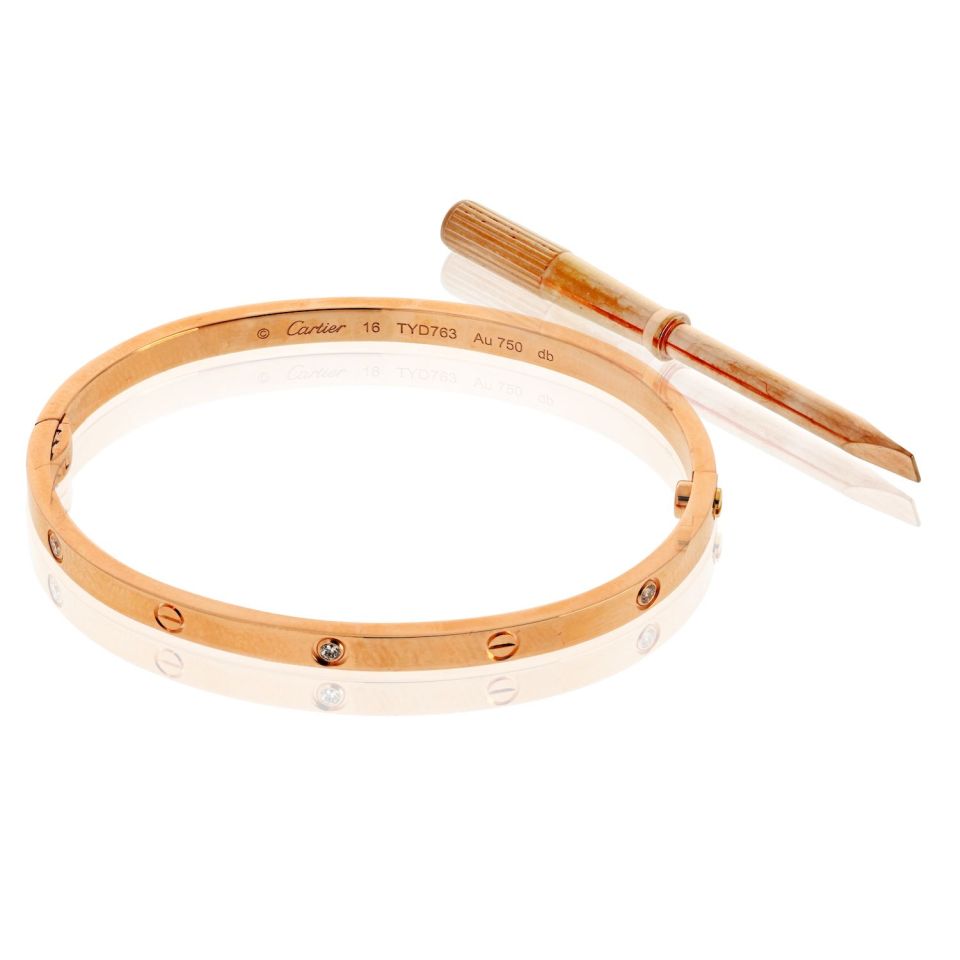 Cartier Love 18K Rose Gold 6 Diamond Small Model Size 16 Bracelet — view 2 — Laura Milman New York