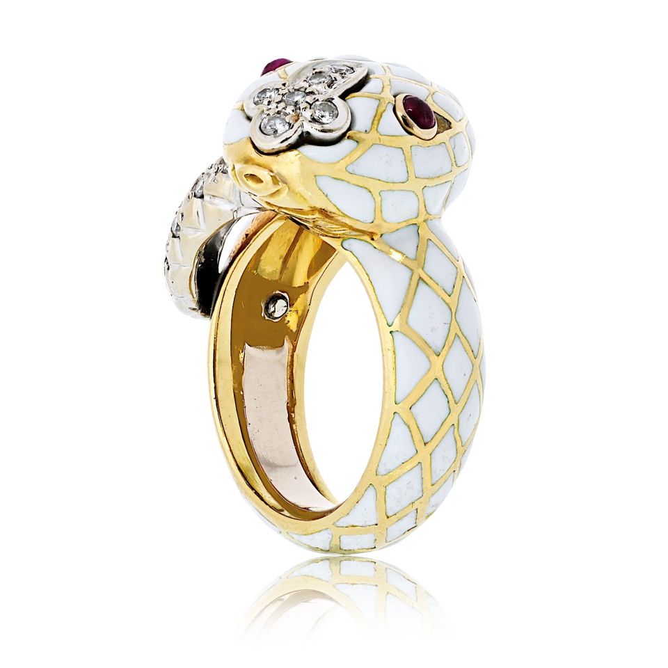 David Webb 18K Yellow Gold Snake Serpent White Enamel Ruby And Diamonds Ring — view 3 — Laura Milman New York