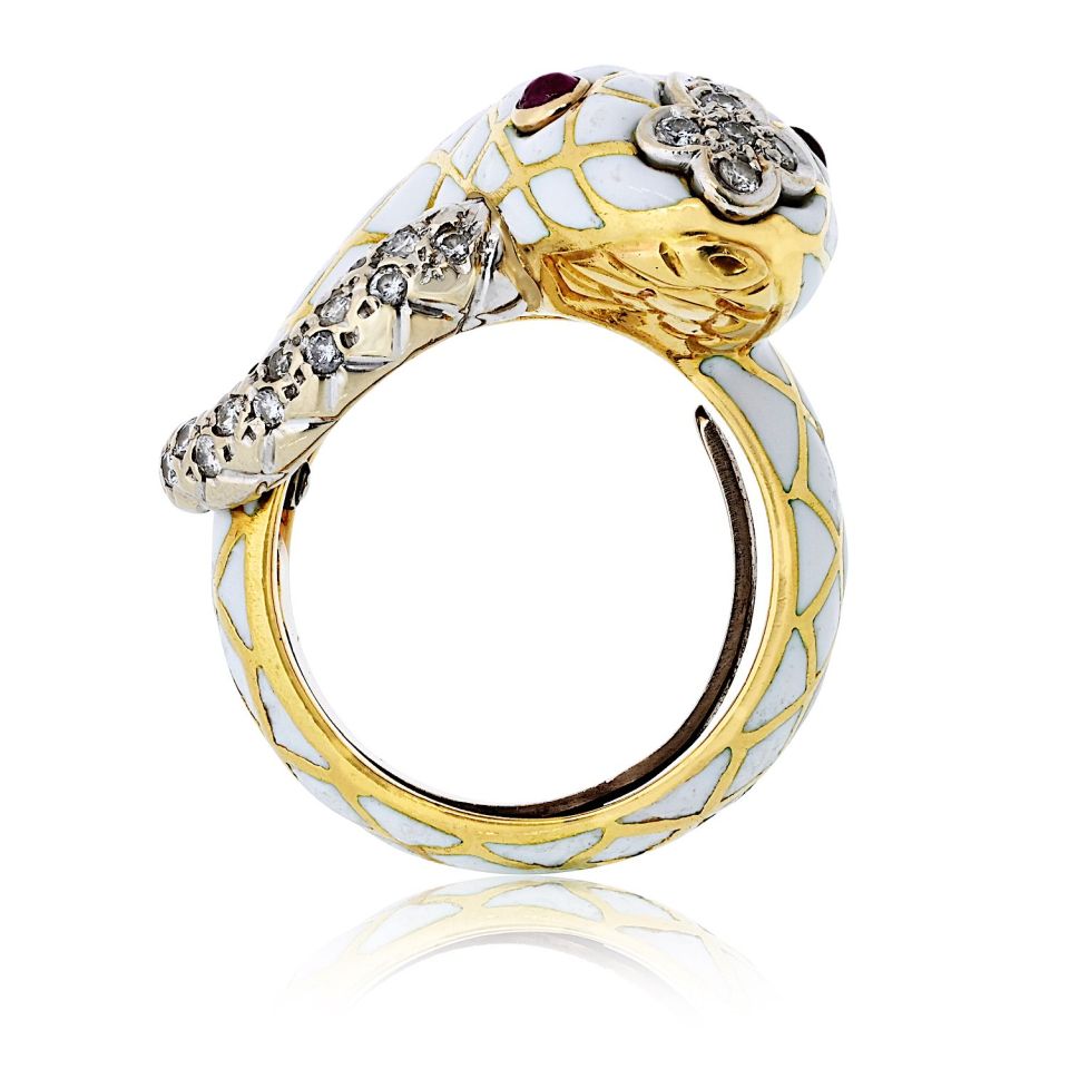 David Webb 18K Yellow Gold Snake Serpent White Enamel Ruby And Diamonds Ring — view 4 — Laura Milman New York
