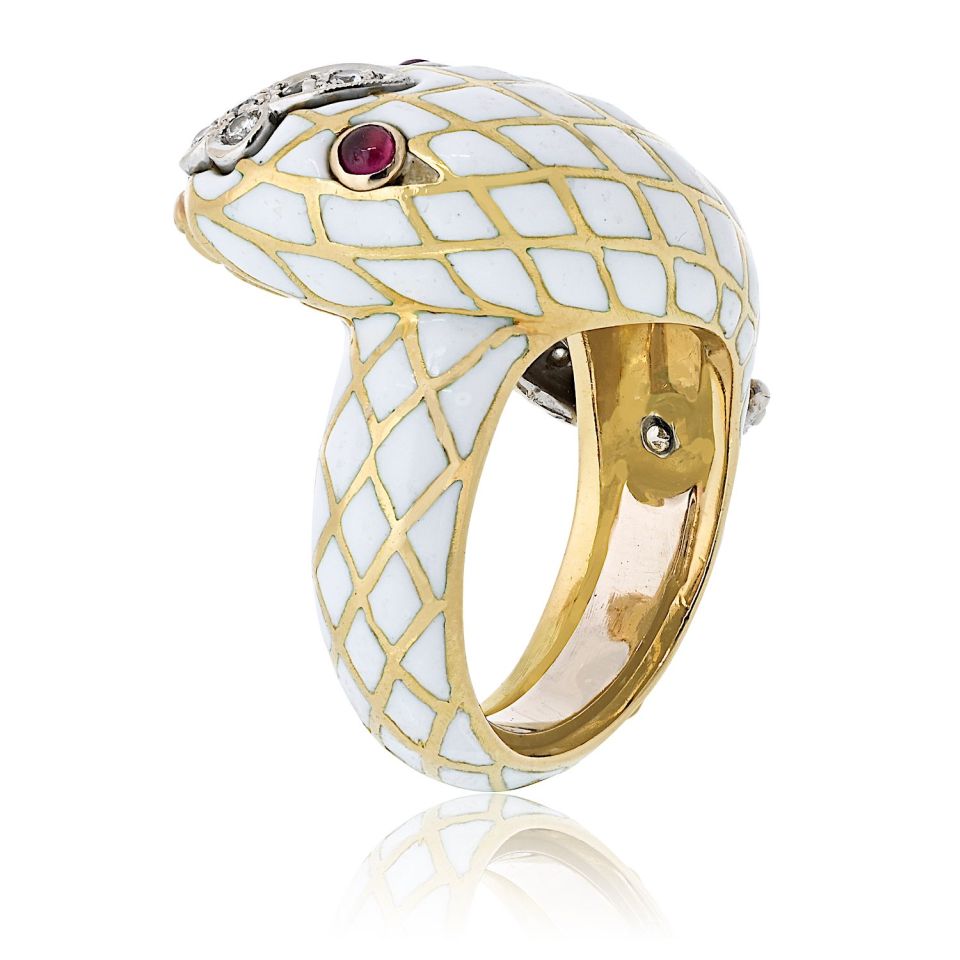 David Webb 18K Yellow Gold Snake Serpent White Enamel Ruby And Diamonds Ring — Laura Milman New York