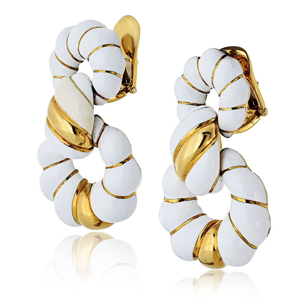 David Webb 18K Yellow Gold White Enamel 1.75 Inches Long Doorknocker Earrings — view 2 — Laura Milman New York