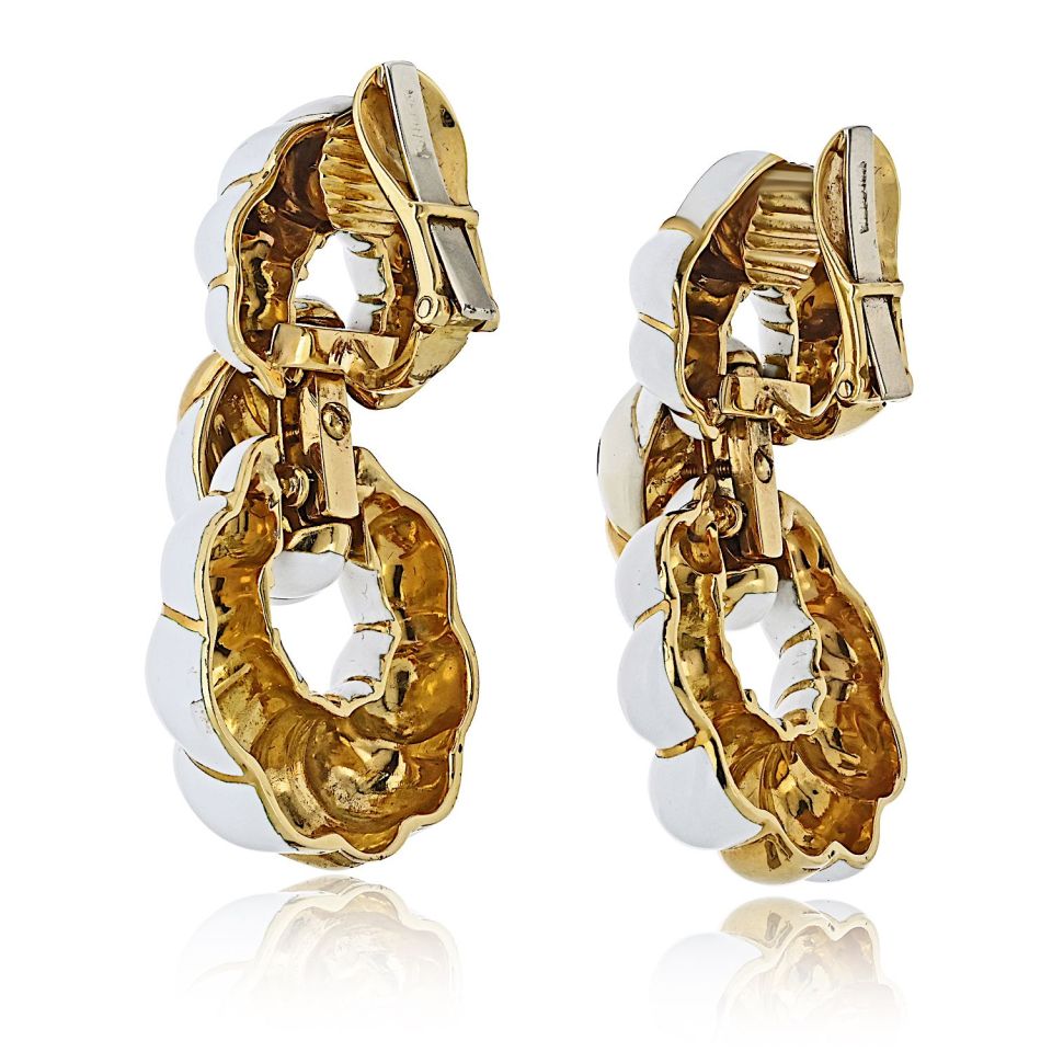 David Webb 18K Yellow Gold White Enamel 1.75 Inches Long Doorknocker Earrings — view 3 — Laura Milman New York